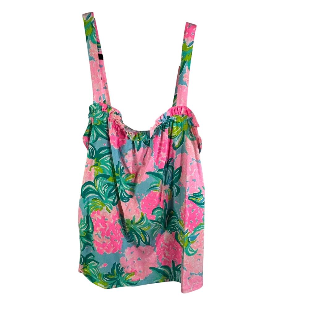 Lilly Pulitzer Jia Tank Top Size L NWT Hydrangea Floral Ruffle MSRP $80
